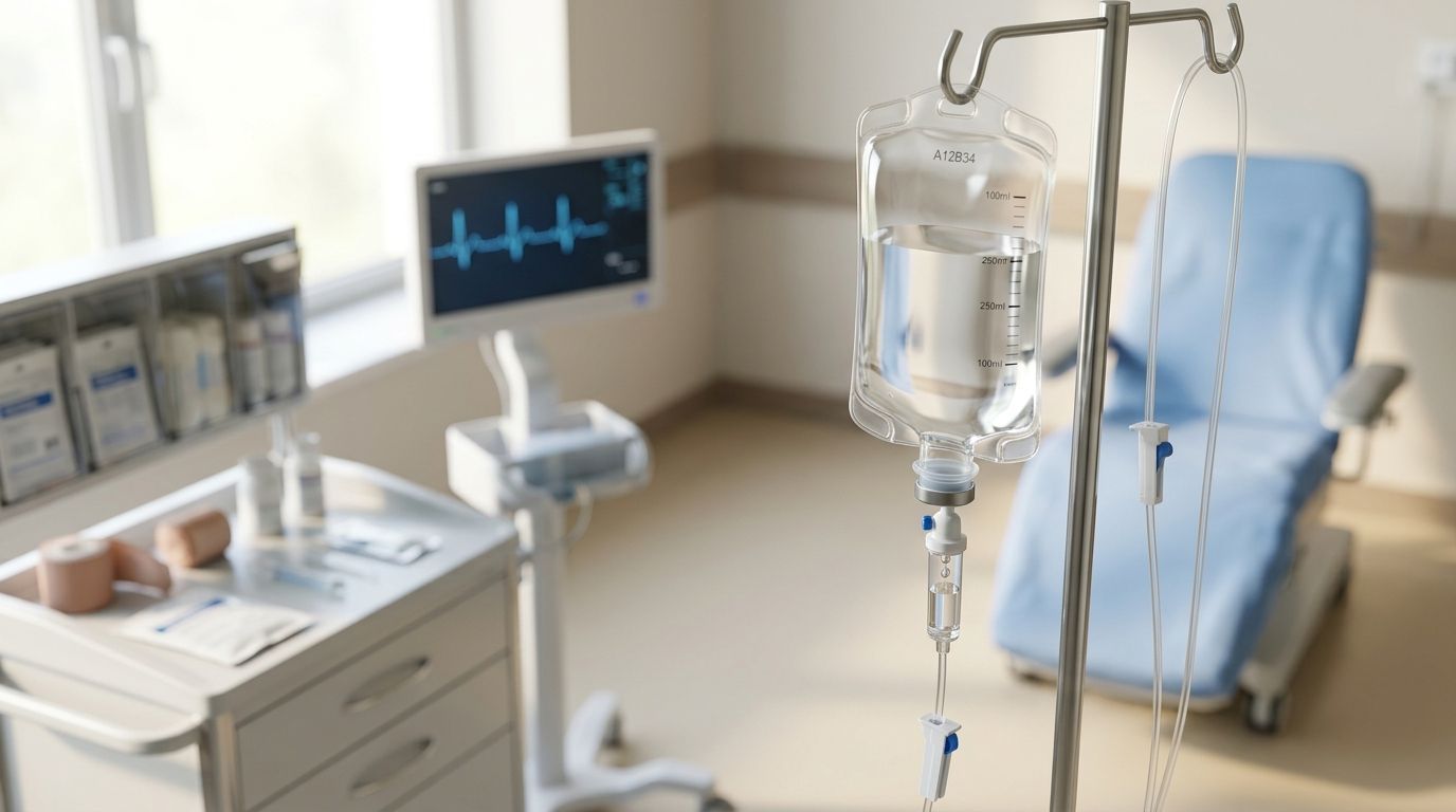 Капельница с янтарной кислотой для восстановления сил Медсестра подготавливает капельницу пациентке в процедурном кабинете